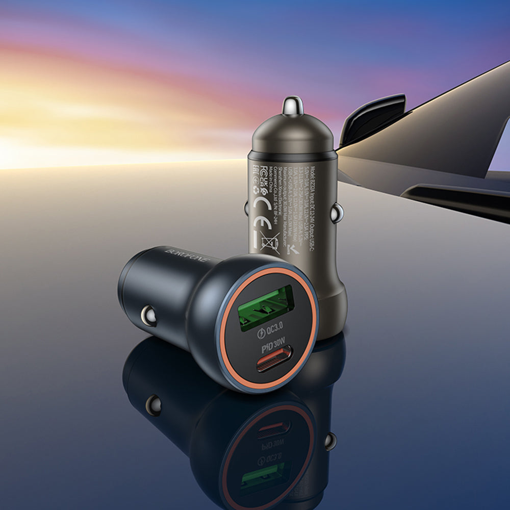 Borofone - Mini Car Charger Fresh (BZ32A) - Type-C, USB, Fast Charge, Dual Port, 30W (PD/QC), Aluminum Alloy - Metal Gray