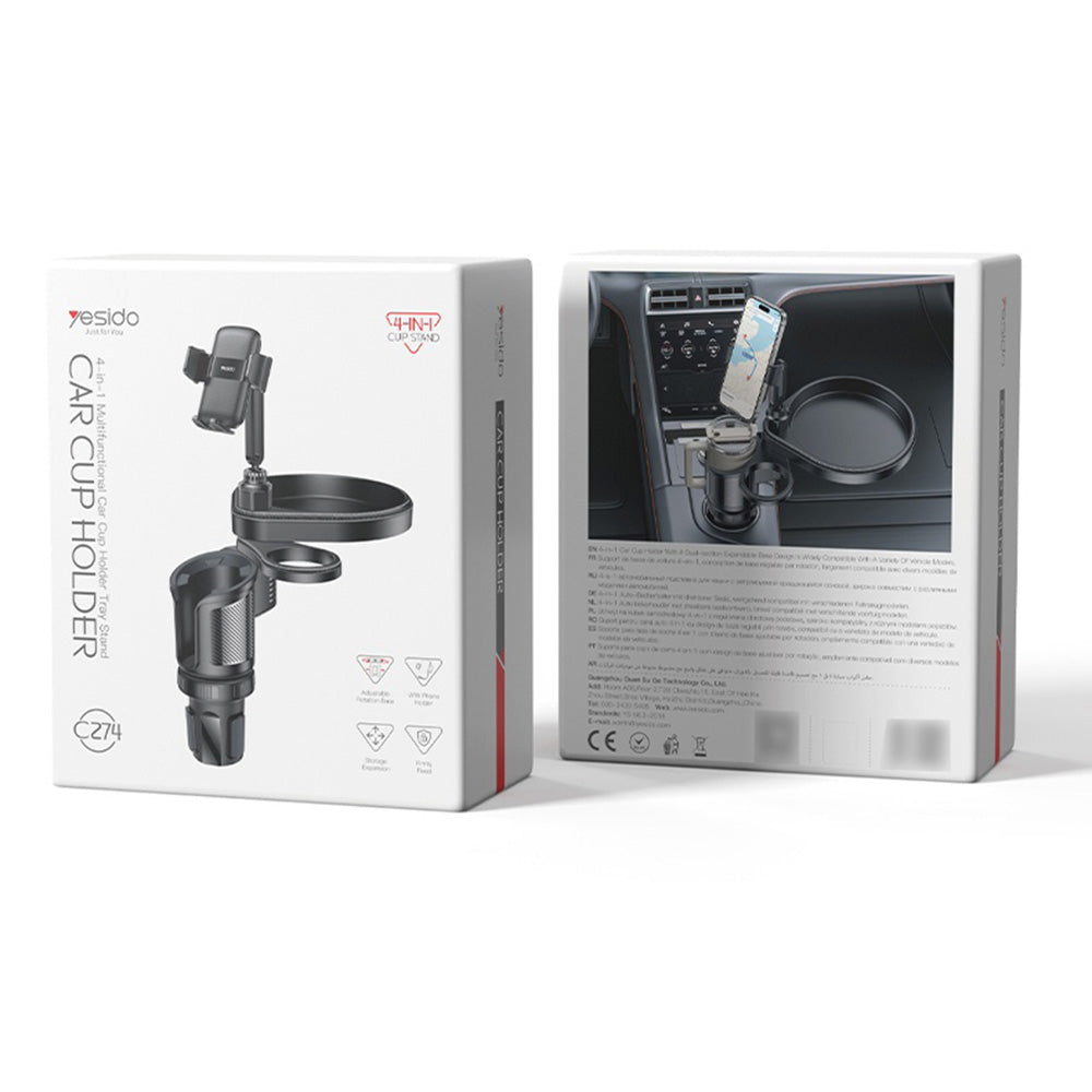 Yesido - Car Holder 4in1 (C274) - Cup Storage, Phone Mount and Sundries Storage, 720° Adjustable Angle, 4.7-7.2" - Black
