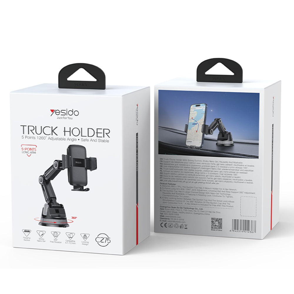 Yesido - Car Holder (C275) - for Dashboard, 1260-Degree All-Round Adjustment Design, 4.7-7.2" Phone - Black