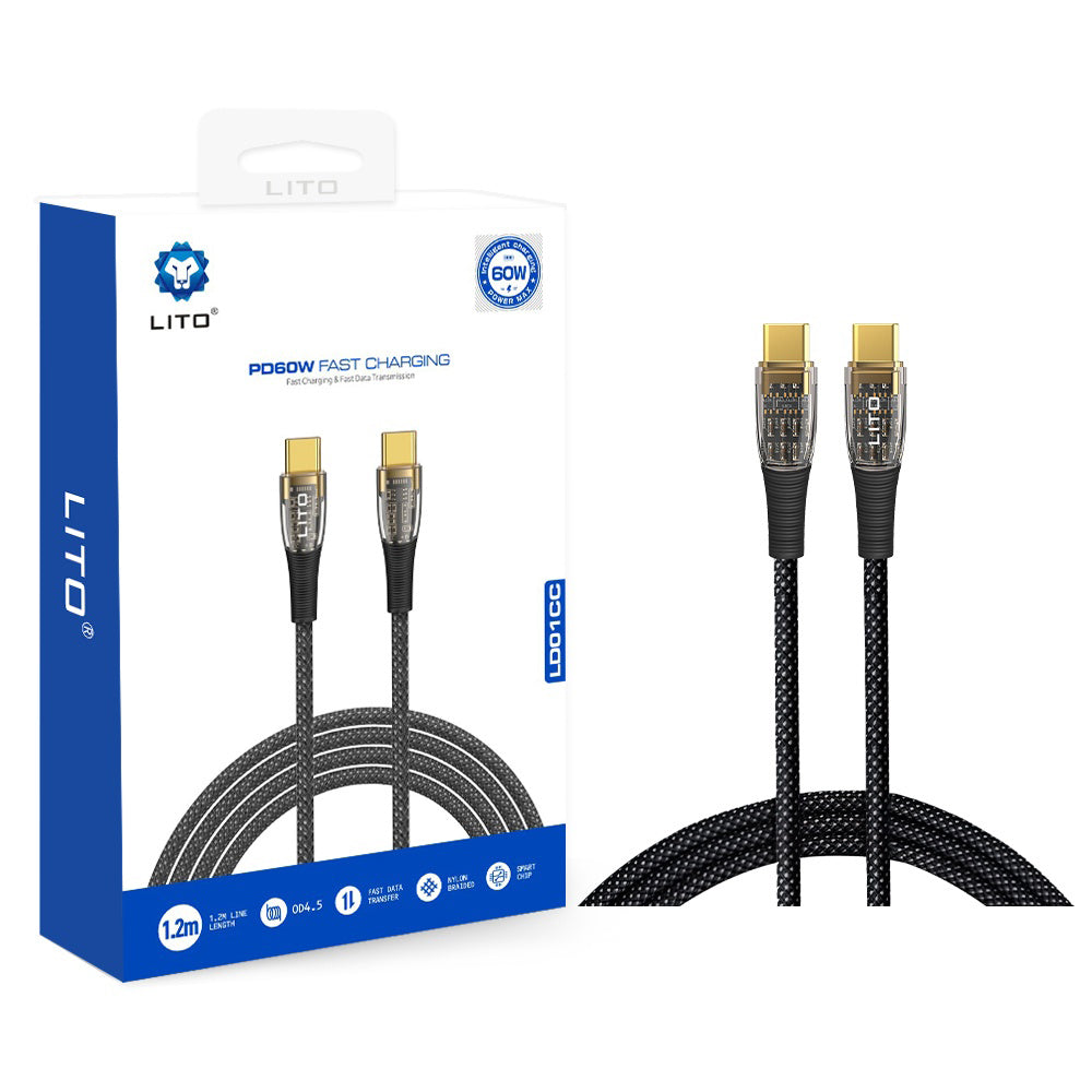 Lito - Data Cable Transparent (LD01) - Type-C to Type-C, Fast Charging 60W, Braided, Gold Plated Interface, 1.2m - Black