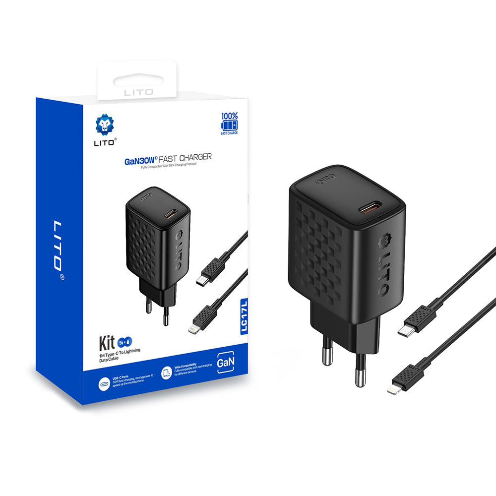 Lito - Wall Charger (LC17L) - with Lightning Cable Included, Type-C Output, PD30W, GaN, PC Fireproof, EU Plug - Black