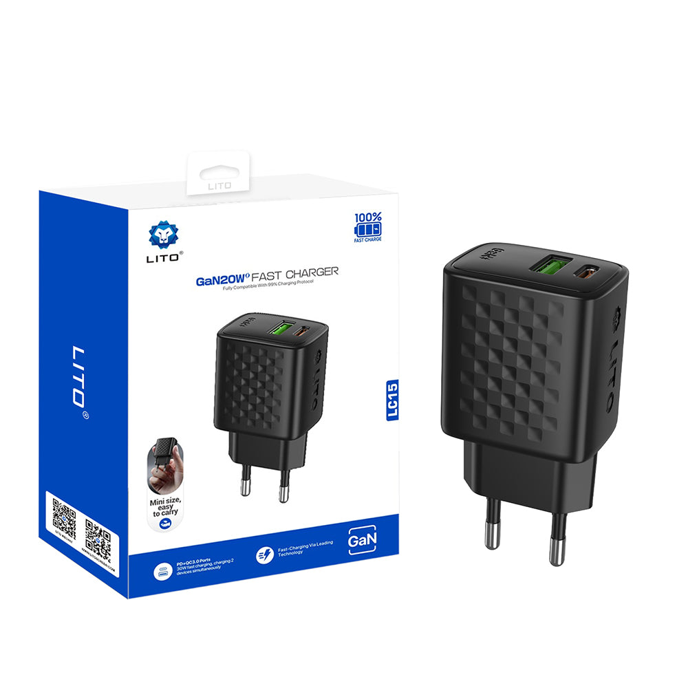 Lito - Wall Charger (LC15) - Type-C, USB Output, PD20W, GaN, PC Fireproof, EU Plug - Black