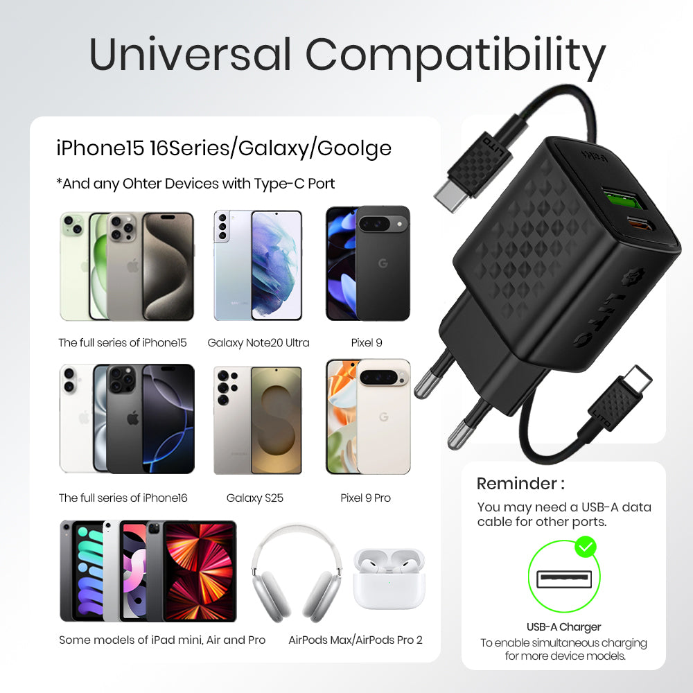 Lito - Wall Charger (LC15T) - with Type-C Cable Included, Type-C, USB Output, PD20W, GaN, PC Fireproof, EU Plug - Black