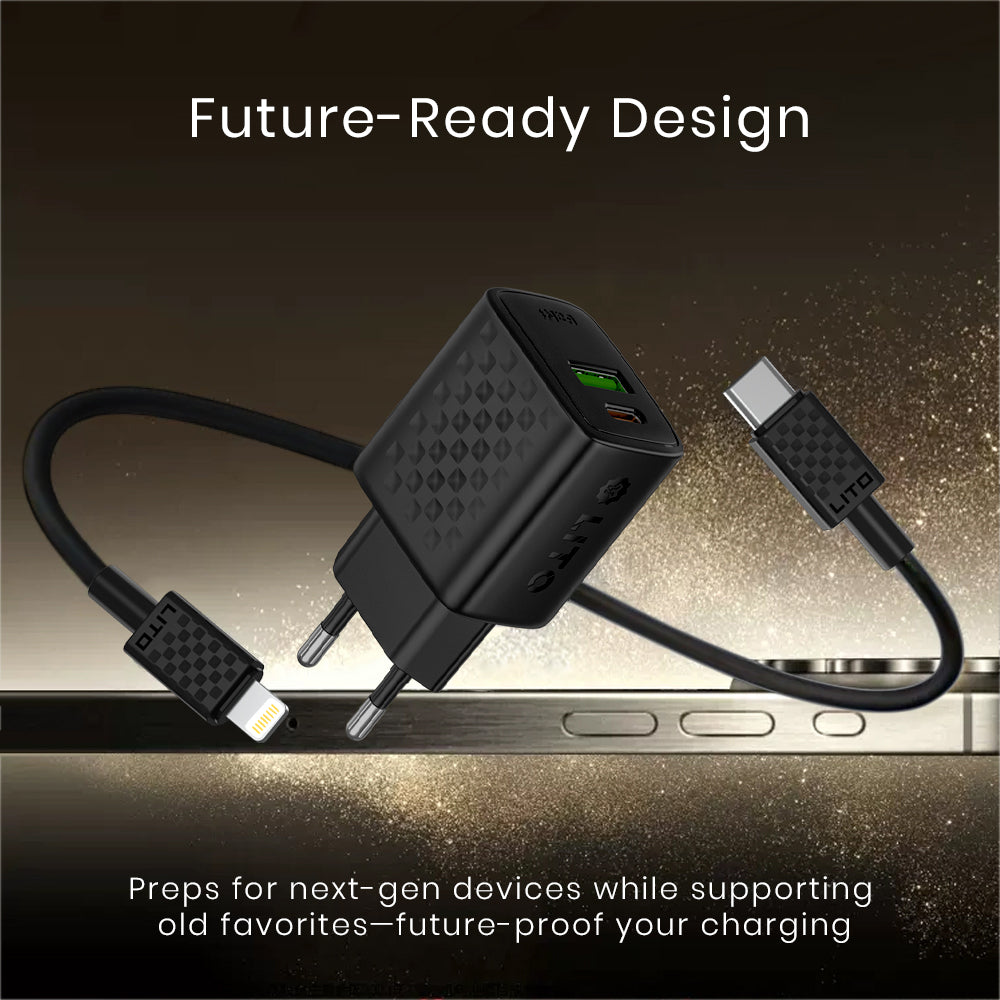 Lito - Wall Charger (LC15L) - with Lightning Cable Included, Type-C, USB Output, PD20W, GaN, PC Fireproof, EU Plug - Black