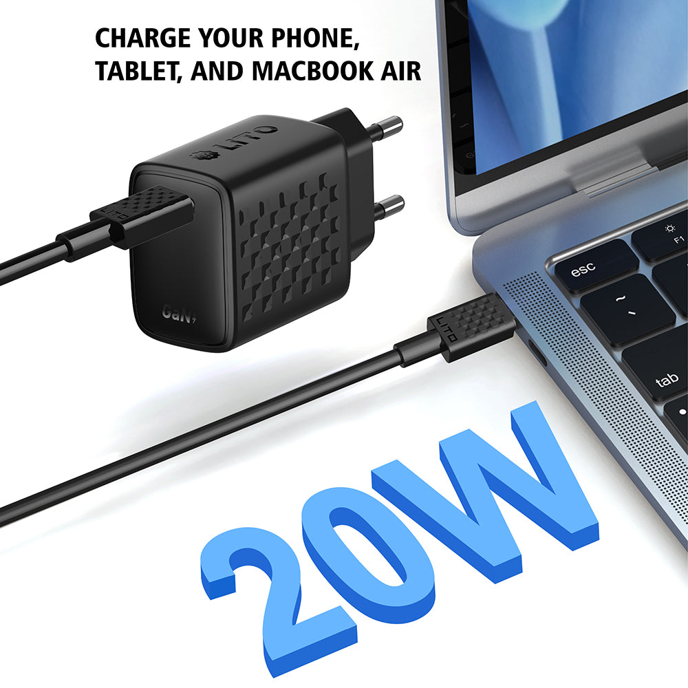 Lito - Wall Charger (LC13T) - with Type-C Cable Included, Type-C, PD20W, GaN, PC Fireproof, EU Plug - Black