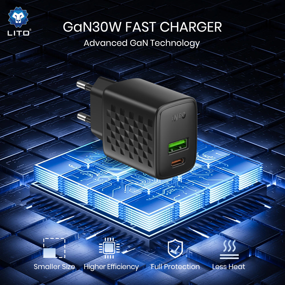 Lito - Wall Charger (LC19) - Type-C, USB Output, PD30W, GaN, PC Fireproof, EU Plug - Black