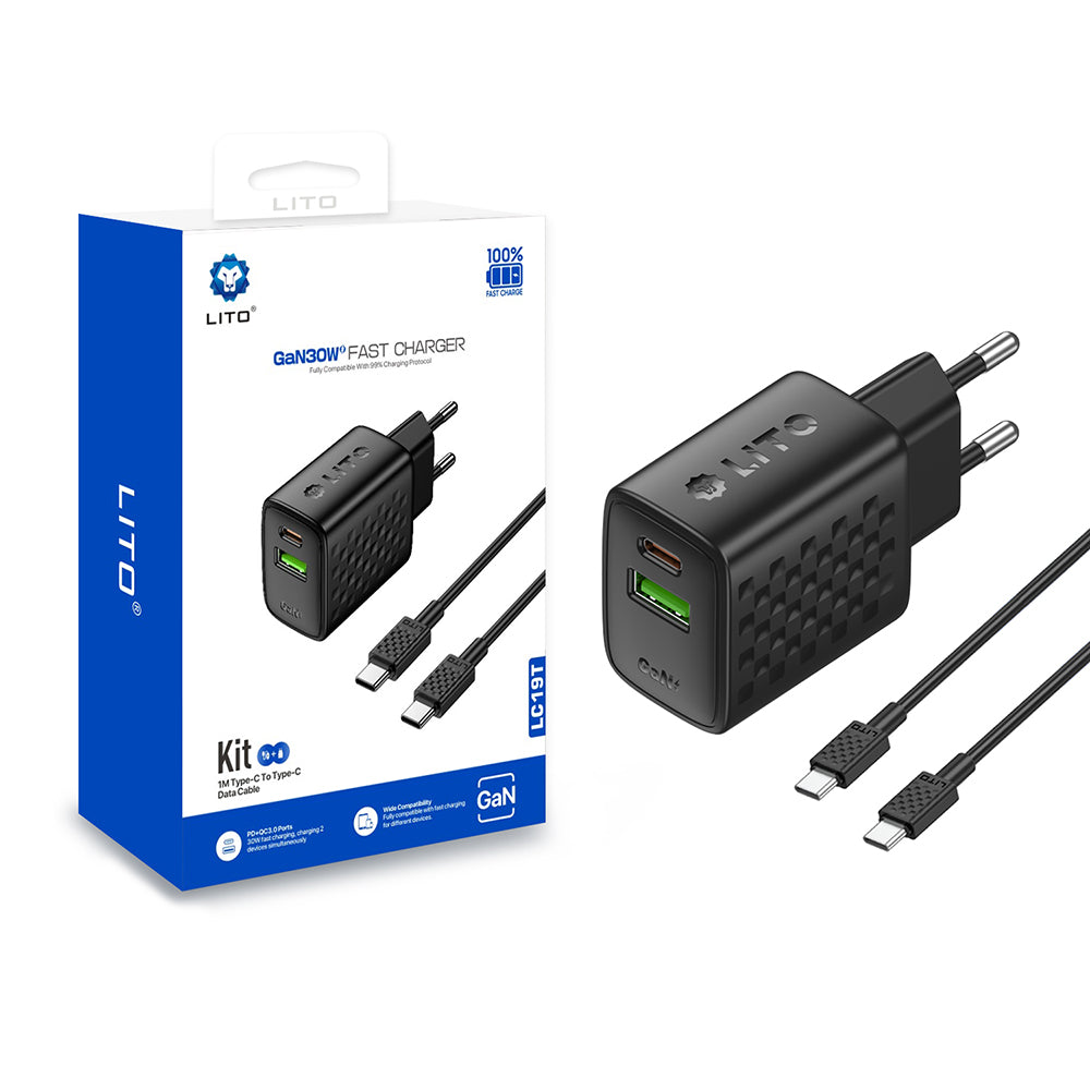Lito - Wall Charger (LC19T) - with Type-C Cable Included, Type-C, USB Output, PD30W, GaN, PC Fireproof, EU Plug - Black