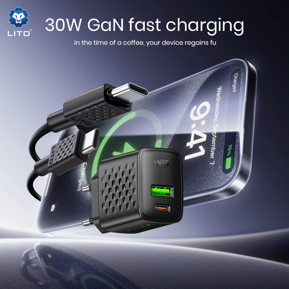 Lito - Wall Charger (LC19T) - with Type-C Cable Included, Type-C, USB Output, PD30W, GaN, PC Fireproof, EU Plug - Black