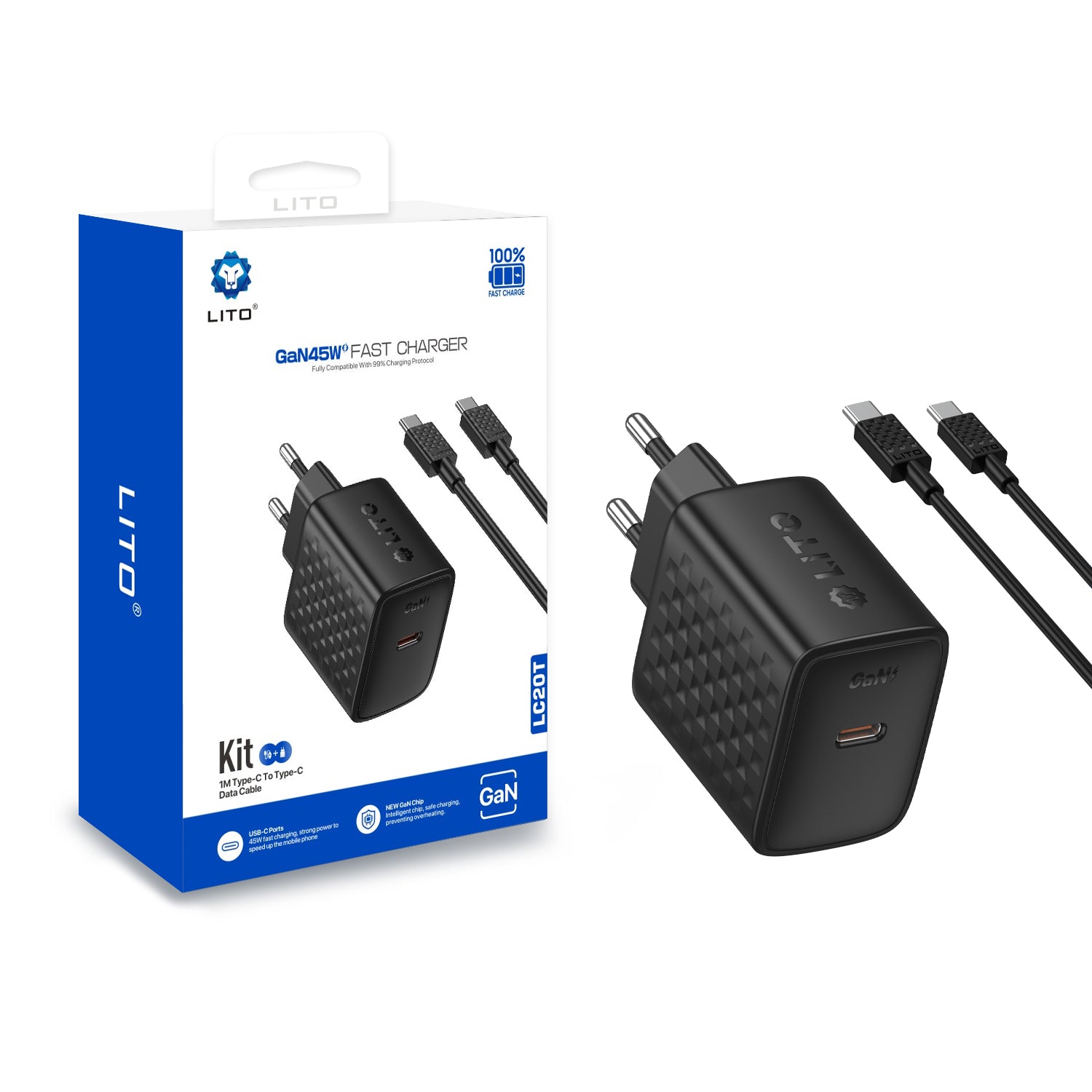 Lito - Wall Charger (LC20T) - with Type-C Cable Included, Type-C Output, PD45W, GaN, PC Fireproof, EU Plug - Black