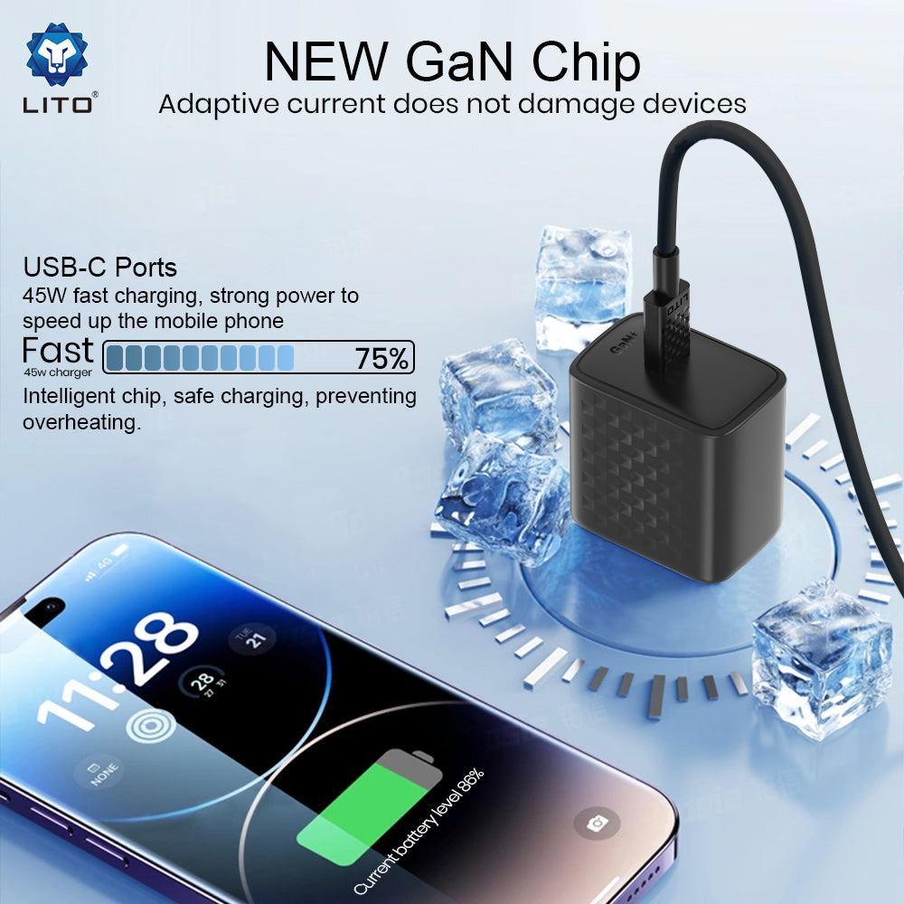 Lito - Wall Charger (LC20T) - with Type-C Cable Included, Type-C Output, PD45W, GaN, PC Fireproof, EU Plug - Black