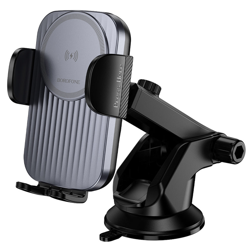 Borofone - Car Holder with Wireless Charging (BH222) - for Dashboard/Windshield, Secure Grip, 15W - Black Metal Grey
