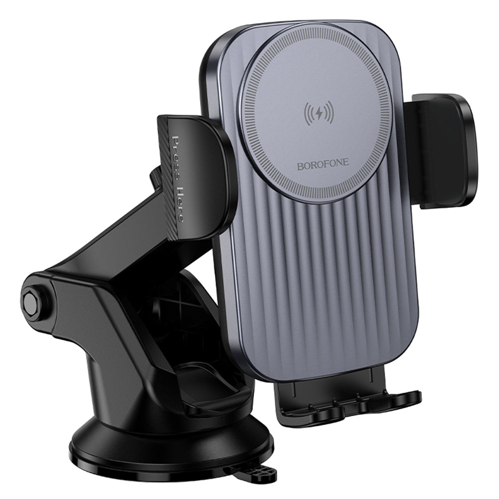 Borofone - Car Holder with Wireless Charging Leading (BH222) - for Dashboard/Windshield, Secure Grip, 15W - Black Metal Grey