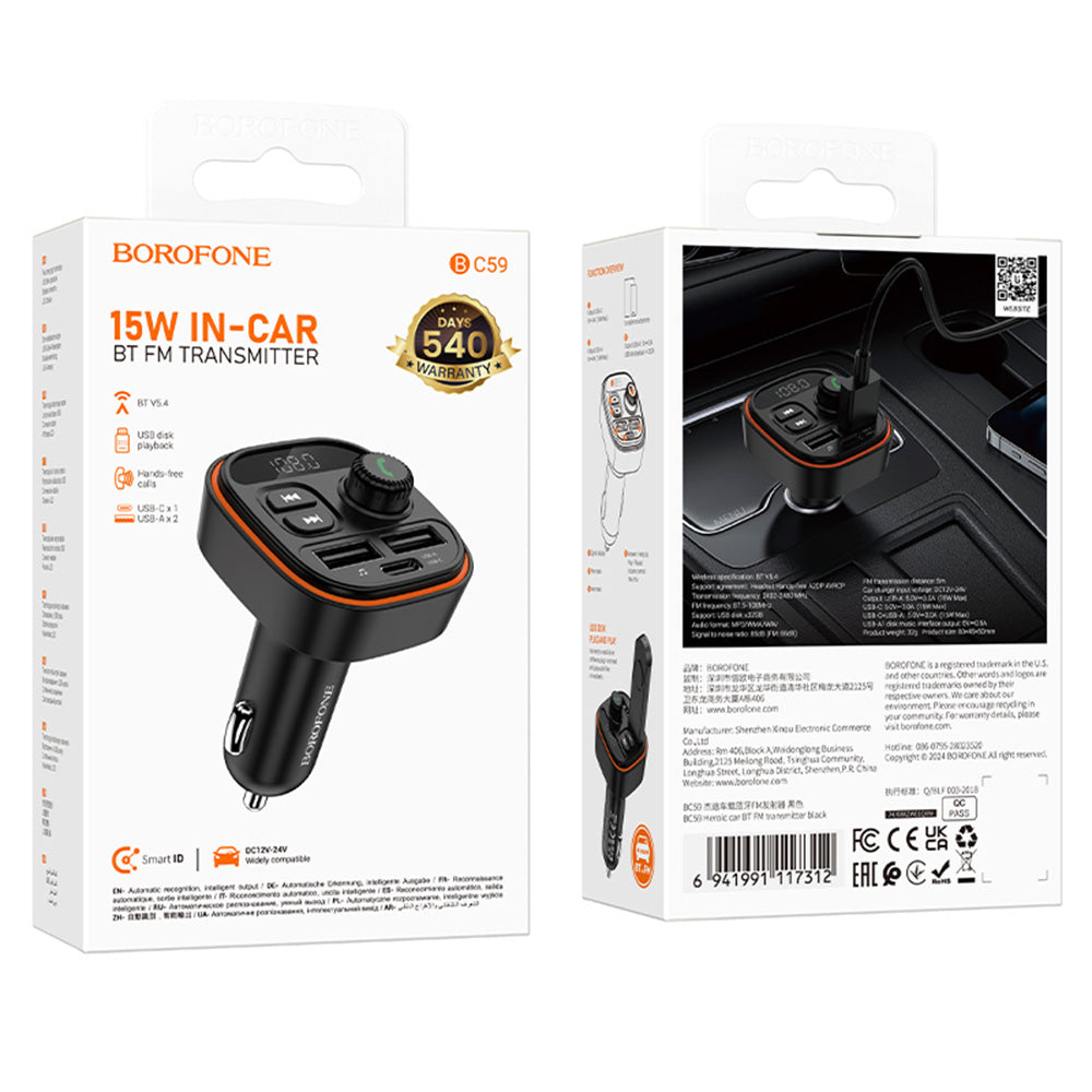 Borofone - FM Modulator and Car Charger Heroic (BC59) - Bluetooth V5.4, 2x USB, Type-C, MP3 Playback - Black