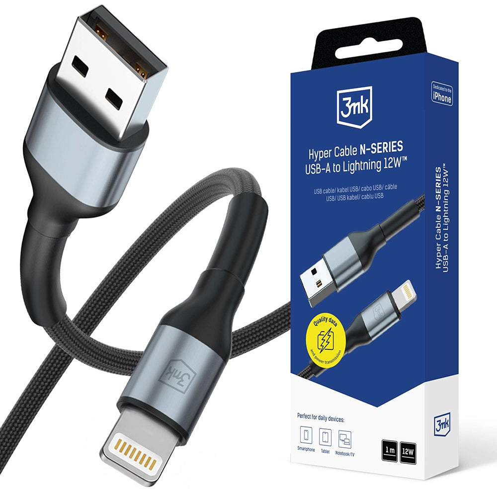3mk - Data Cable Hyper N-Series - USB to Lightning, 12W, 5V/2.4A, 1m - Black