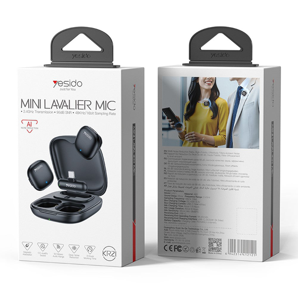 Yesido - (2 pack) Wireless Lavalier Microphones (KR21) - 3in1 Receiver, Type-C, AI Noise Reduction, 98dB SNR, 2.4GHz - Black