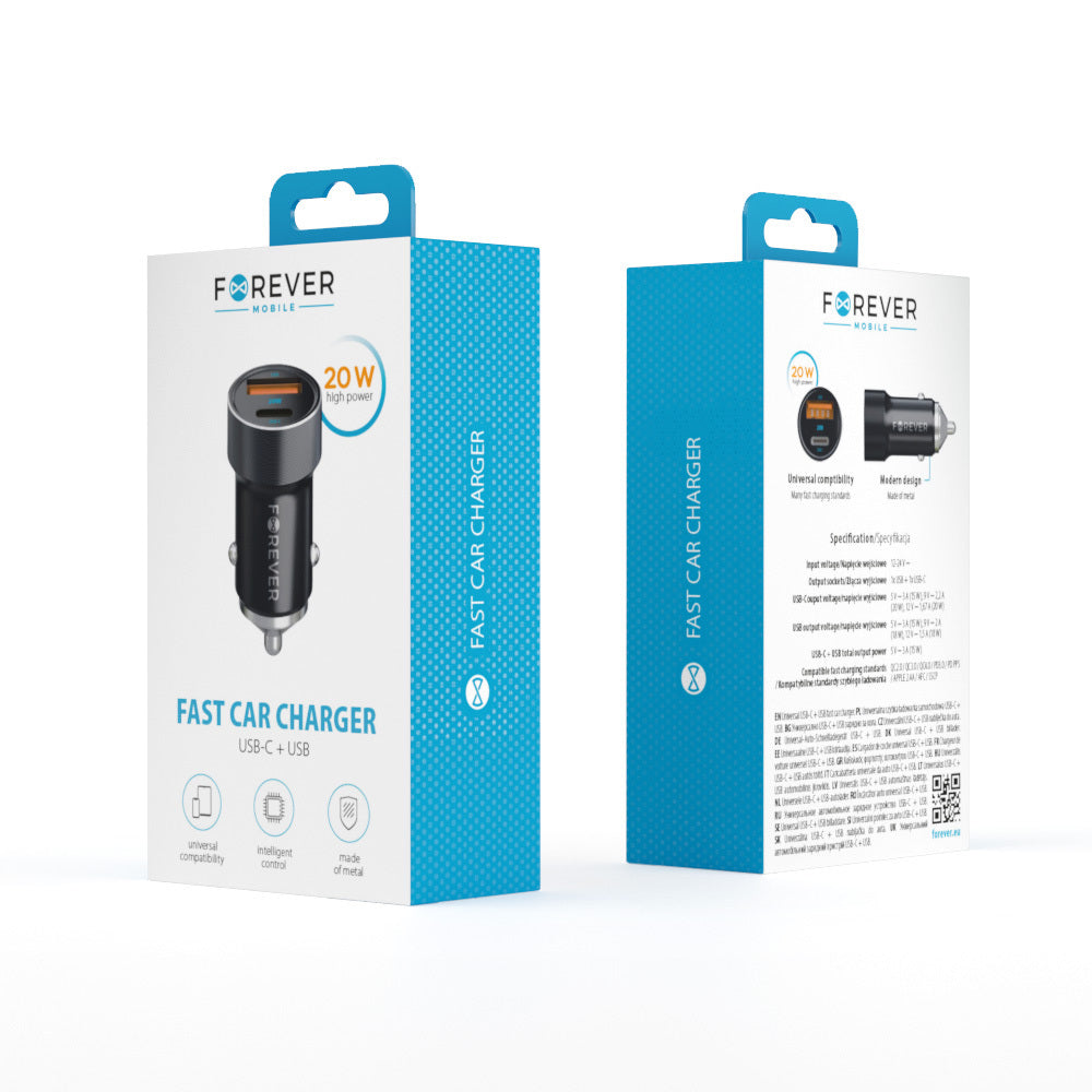 Forever CC‑06 Φορτιστής Αυτοκινήτου USB‑C + USB‑A, PD 3.0 & QC 3.0, 20 W – Μαύρος