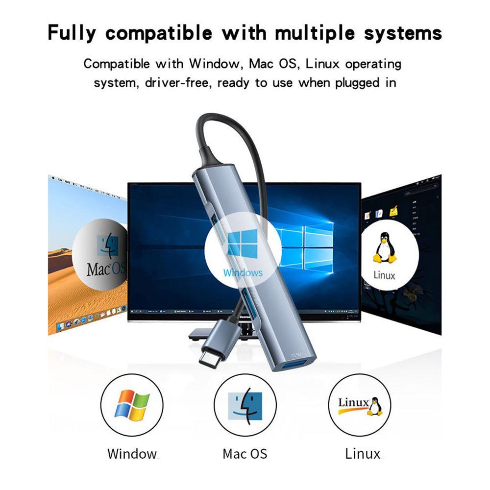 Yesido - Docking Station 4in1 (HB17) - Type-C to 1x USB3.0, 3x USB2.0, Plug&Play, 5Gbps, Aluminum Alloy - Gray