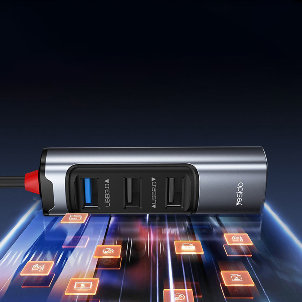Yesido - Docking Station 4in1 (HB19) - USB, Type-C to 3x USB, USB-C, Fast Charge, Plug & Play, 5Gbps - Gray