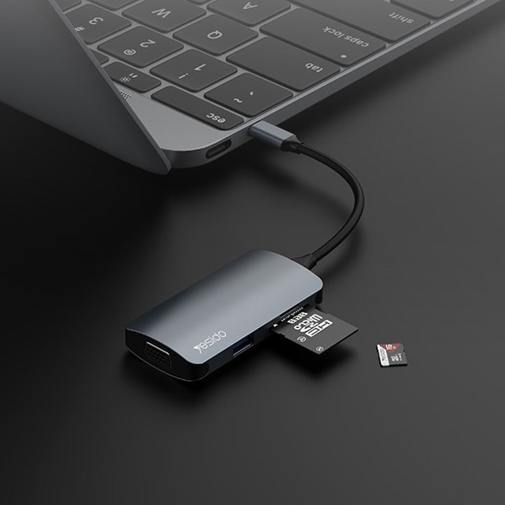 Yesido - Docking Station 7in1 (HB16) - Type-C to 1x USB3.0, 2x USB2.0, TF/SD Card, 1x VGA, 1x Type-C, 5Gbps, PD100W - Gray