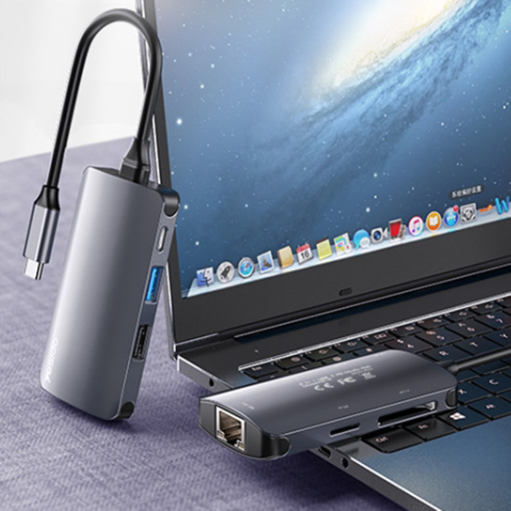 Yesido - Docking Station (HB15) - Type-C to 2x USB, USB-C, SD/TF Card, RJ45, 1000Mbps, Plug & Play - Gray