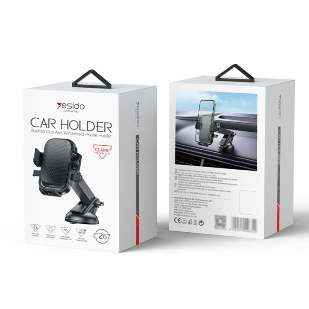 Yesido - Car Holder (C267) - for Dashboard/Windshield, 360, with Telescopic Clamp Arm, Easy Extending Clip, Non-slip - Black