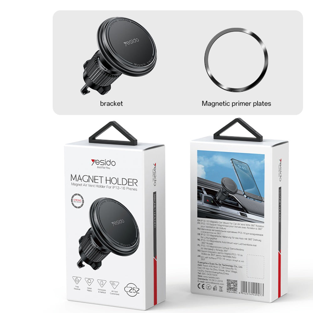 Yesido - Car Holder (C252) - Magnetic, for Air Vent, 360°, Barb Lock, Widely Compatible - Black