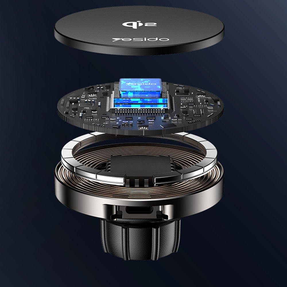 Yesido - Car Holder with Wireless Charging (DS30) - for Dashboard/Windshield/Air Vent, Type-C, 15W, Qi2.0 - Black