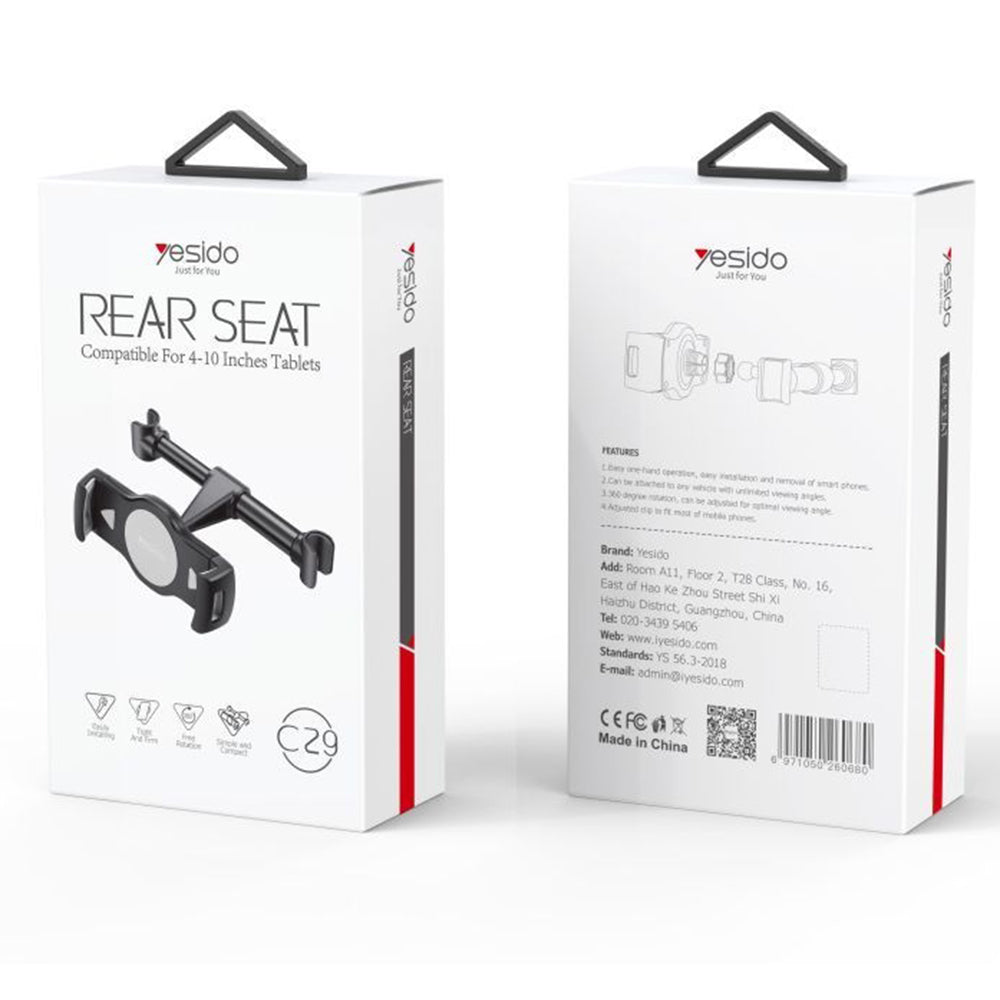 Yesido - Car Holder (C29) - for Rear Seat, Silicone Clip, 360, 4-10inch Devices - Black