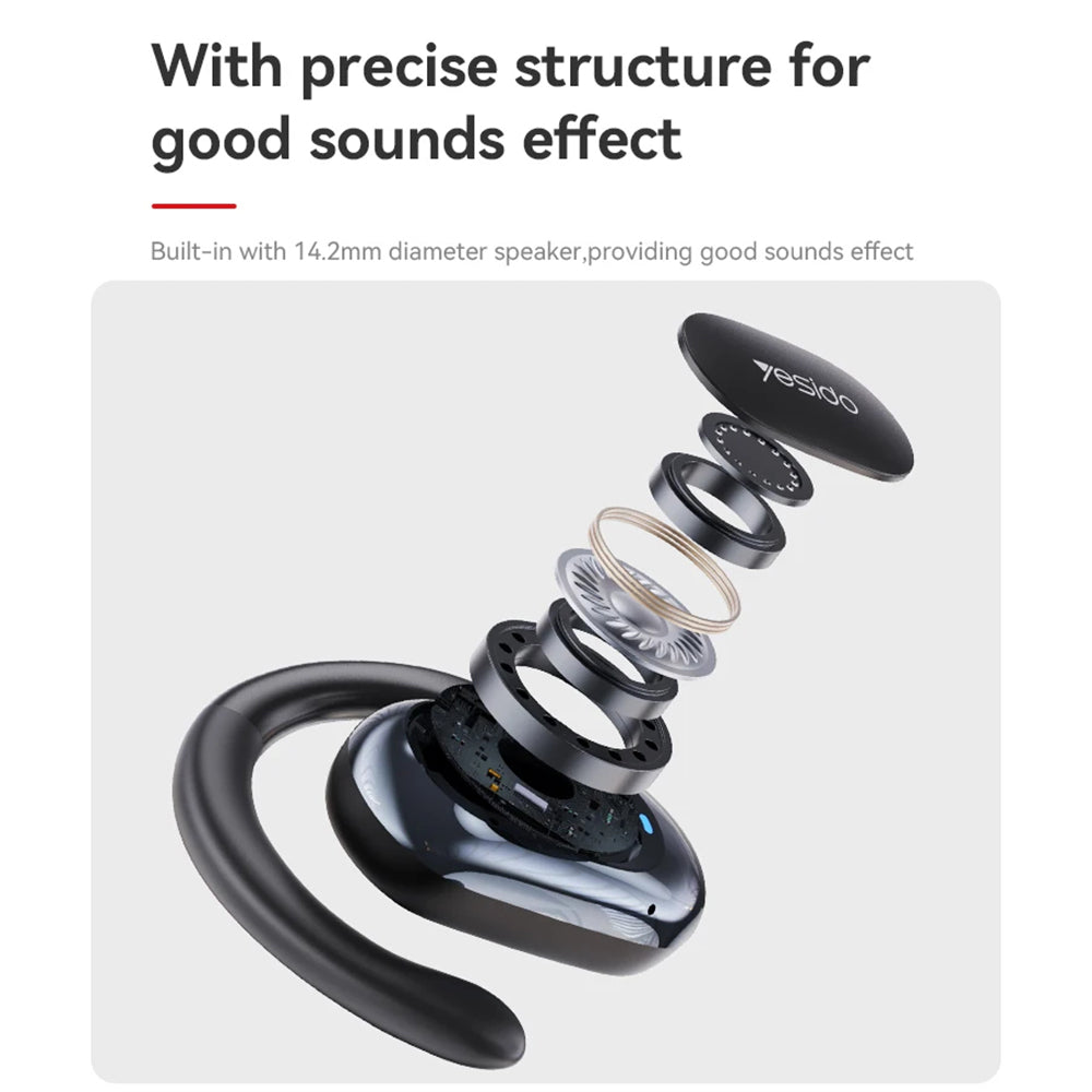 Yesido - Wireless Earbuds (YSP13) - with Bluetooth V5.3, Open-ear Design, Air Conduction Sound, 600mAh, LED - Black