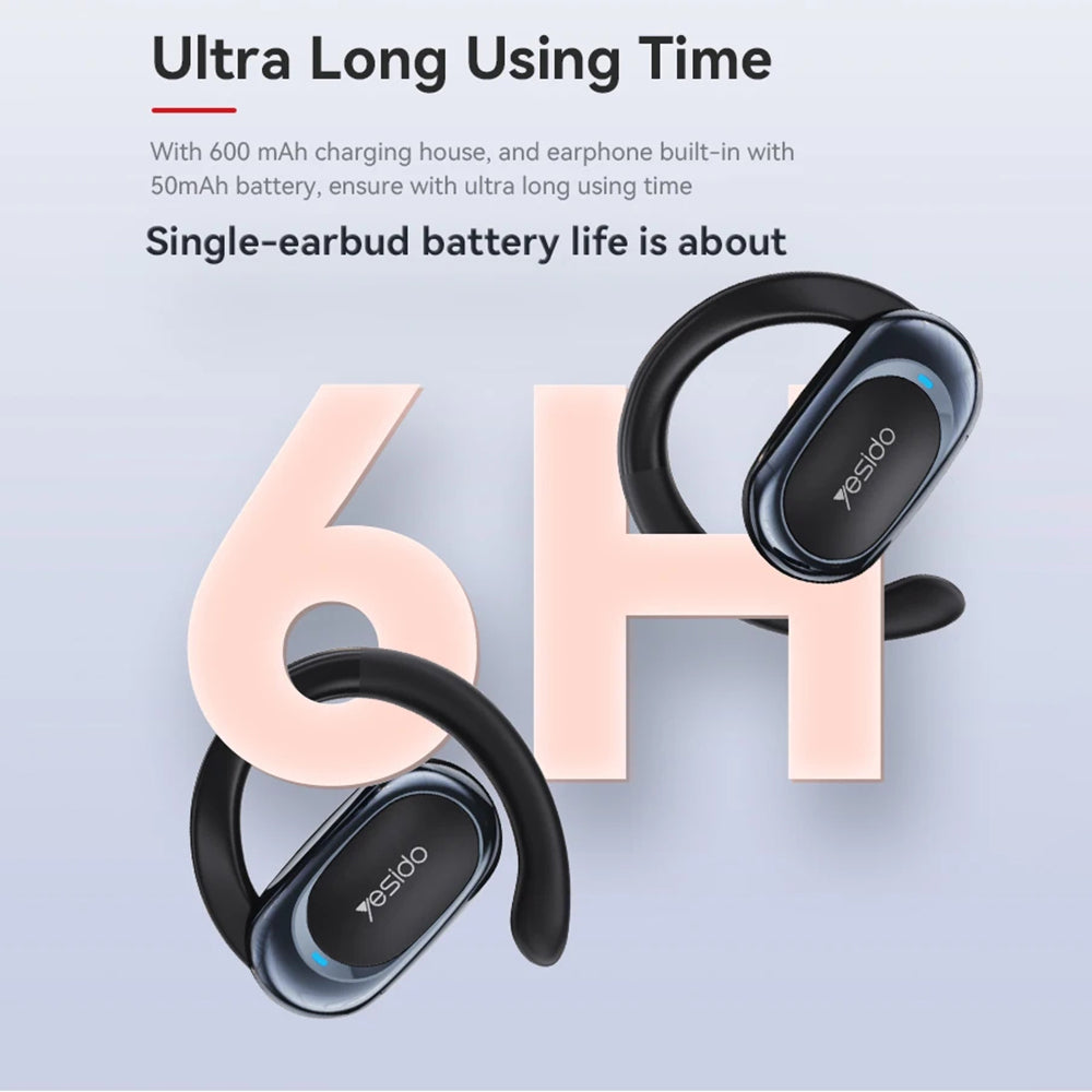 Yesido - Wireless Earbuds (YSP13) - with Bluetooth V5.3, Open-ear Design, Air Conduction Sound, 600mAh, LED - Black