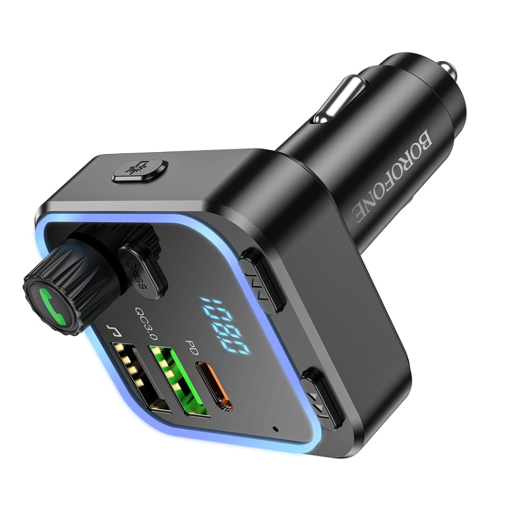 Borofone - FM Modulator and Car Charger Highway (BC53) - Bluetooth V5.0, 2x USB, Type-C, 38W, RGB Ambient Lights - Black