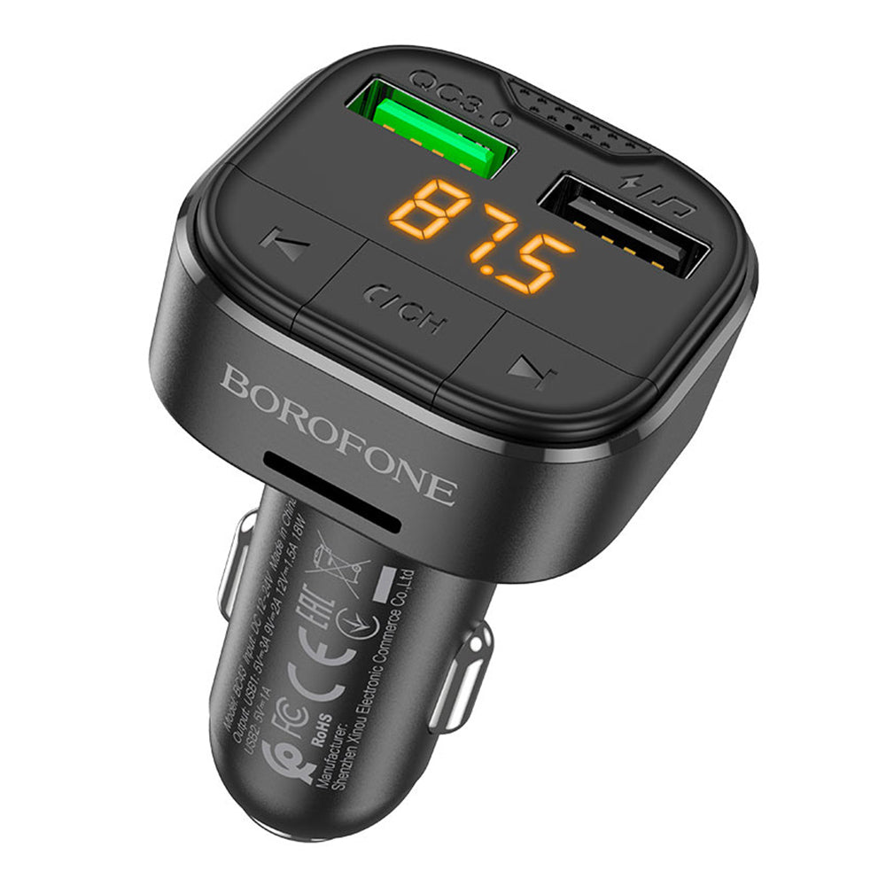 Borofone - FM Modulator and Car Charger Flash (BC43) - Bluetooth V5.0, 2x USB, MicroSD Card Slot, QC3.0, 18W - Black