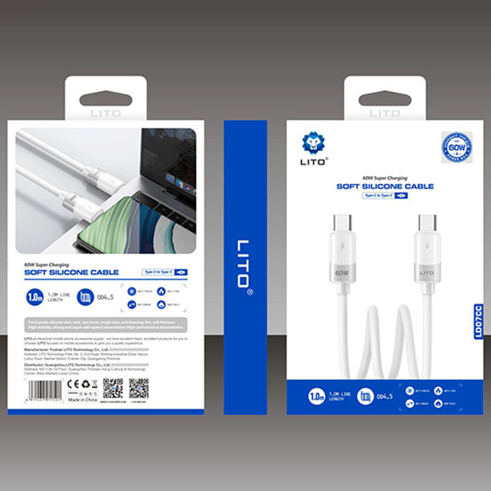 Lito - Data Cable Liquid Silicone (LD07) - Type-C to Type-C, Fast Charging 60W, Anti-freeze, Anti-fire - White
