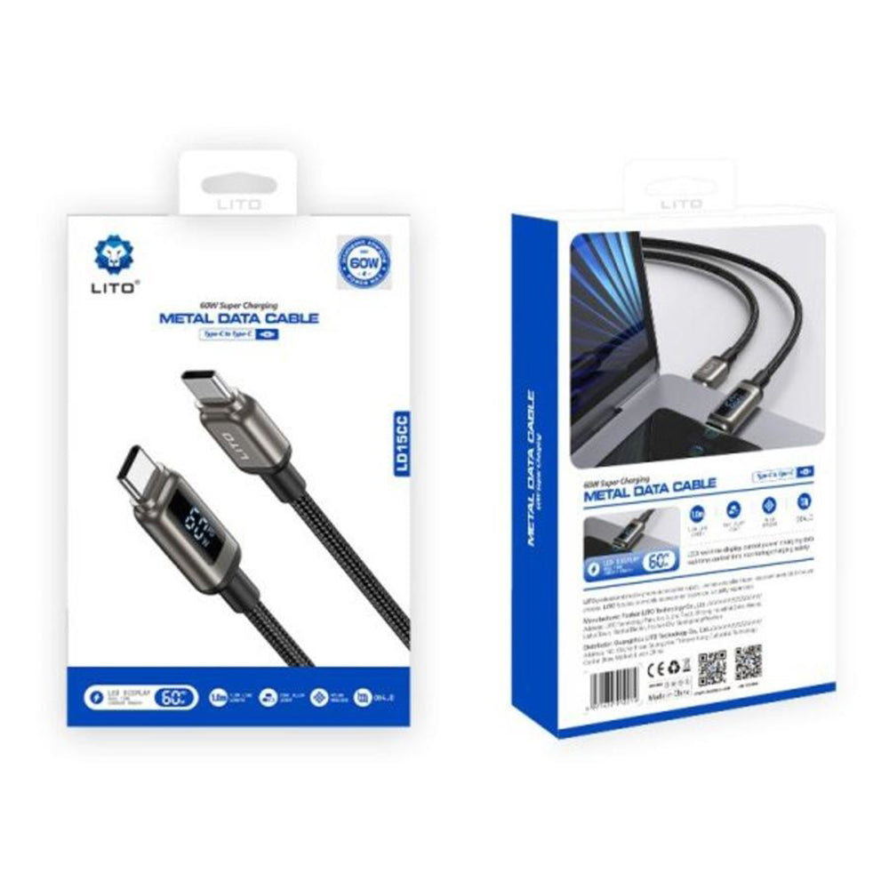 Lito - Data Cable (LD15) - Type-C to Type-C, Fast Charging, Braided Nylon, 60W, LED Display - Black