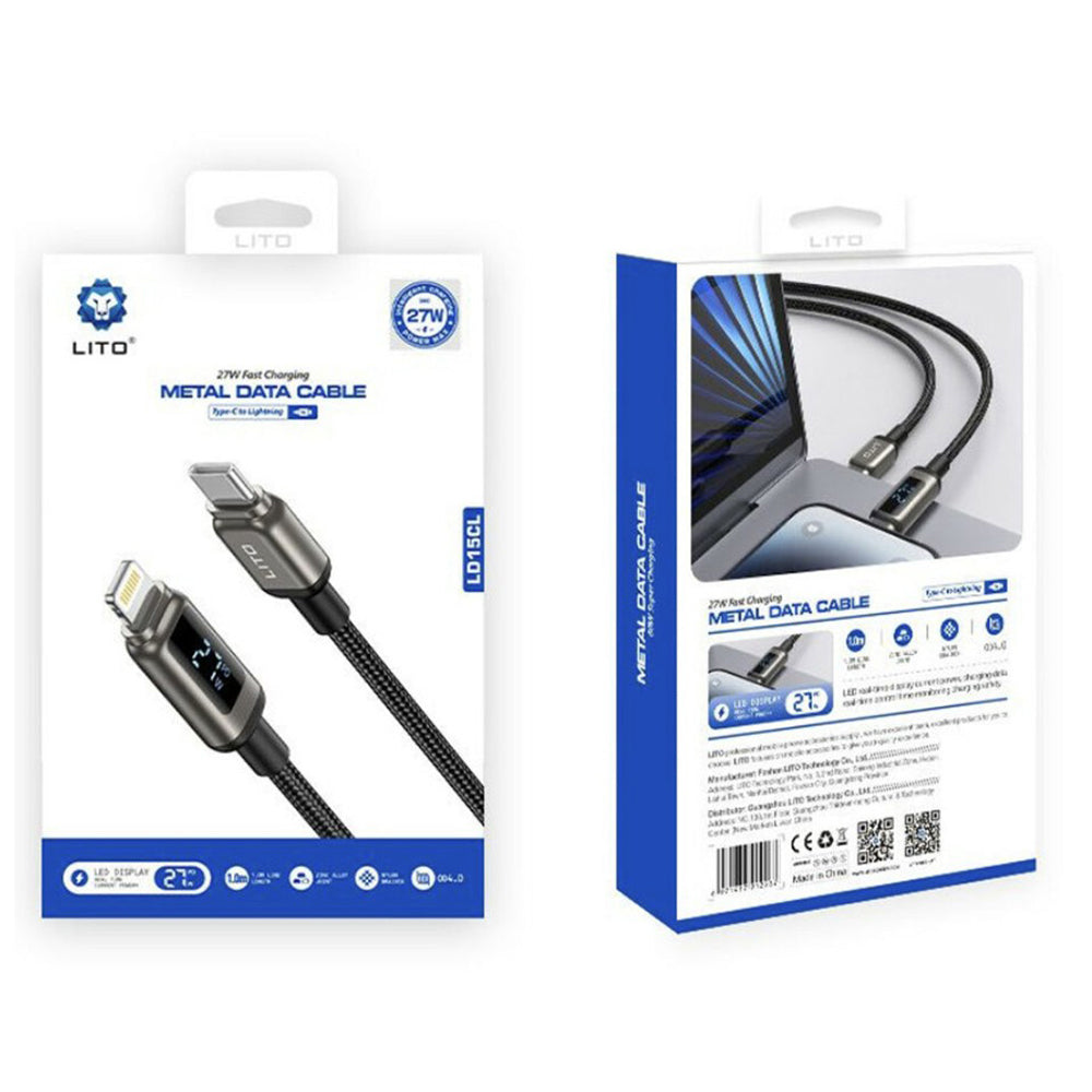 Lito - Data Cable (LD15) - Type-C to Lightning, Fast Charging, Braided Nylon, 27W, LED Display - Black