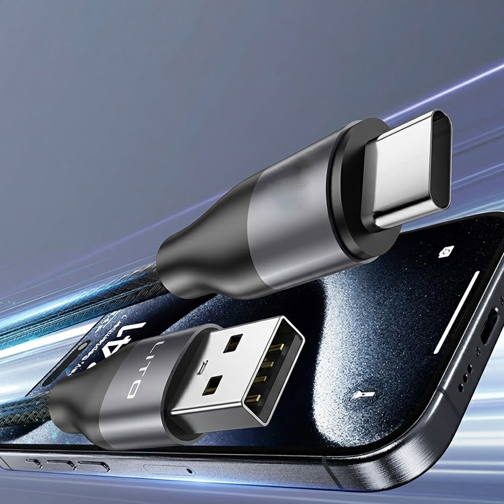 Lito - Data Cable (LD23T) - USB to Type-C, Fast Charging, Braided Nylon, 6A, 480Mbps, 1m - Grey