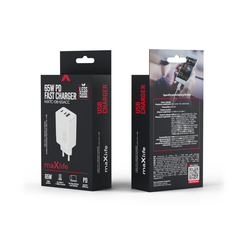 Maxlife MXTC‑08 (65ACC) Φορτιστής Επιτραπέζιος, 2× USB‑C & 1× USB‑A, 65 W – Λευκό