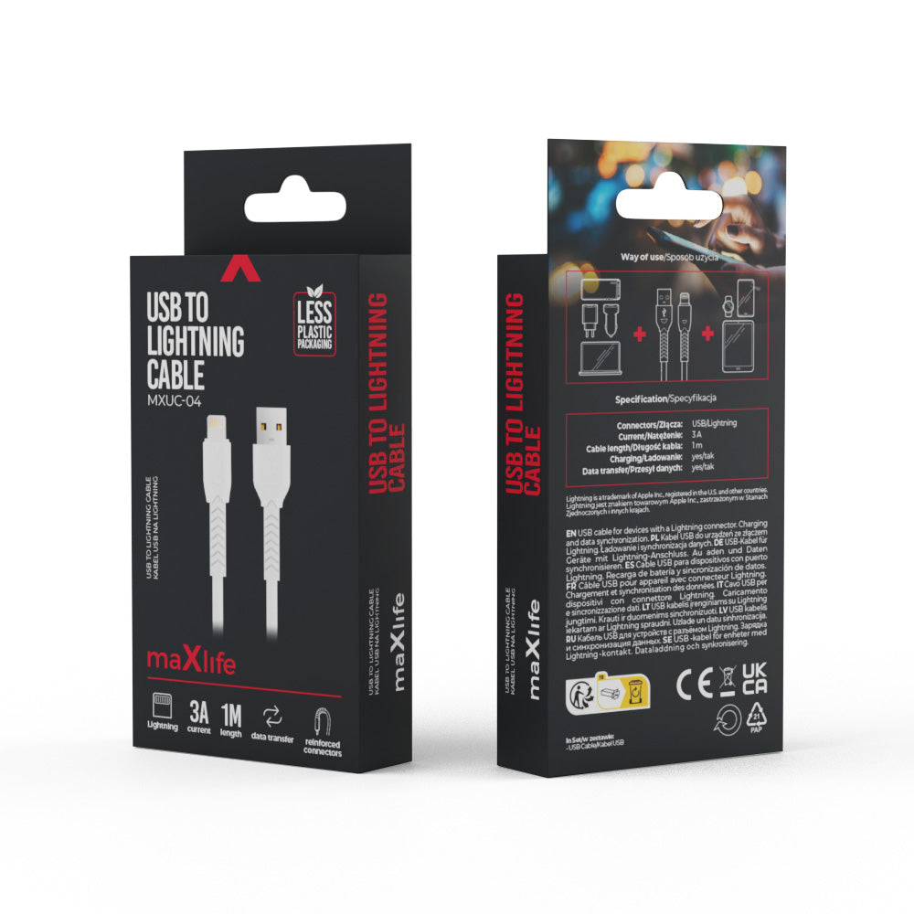 Maxlife MXUC-04 Καλώδιο φόρτισης και μεταφοράς δεδομένων από USB σε Lightning 1 μέτρου 3A – λευκό