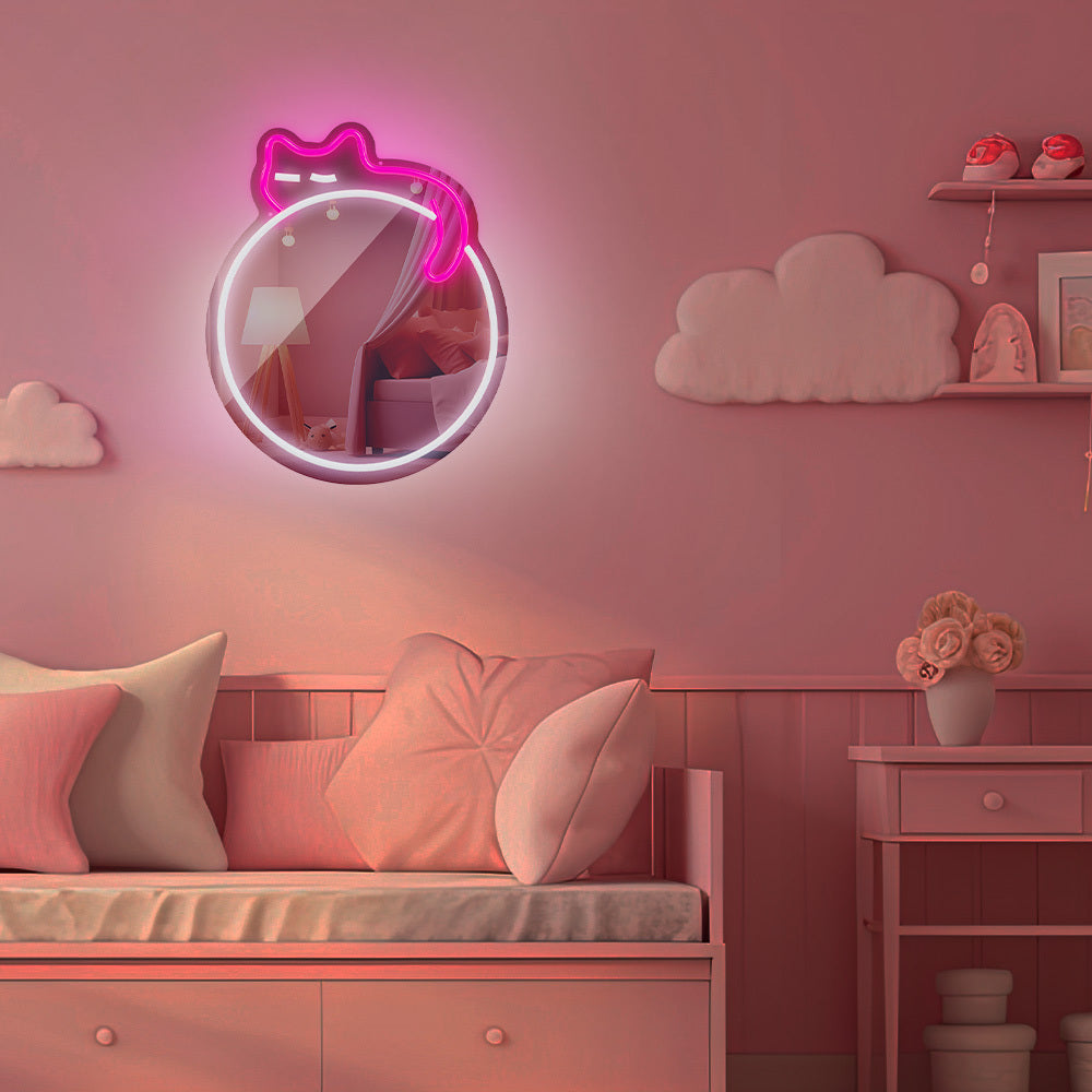 Forever Light Neon Mirror LED Sleeping Cat/White- Pink - Διακοσμητικός Καθρέπτης με LED Neon