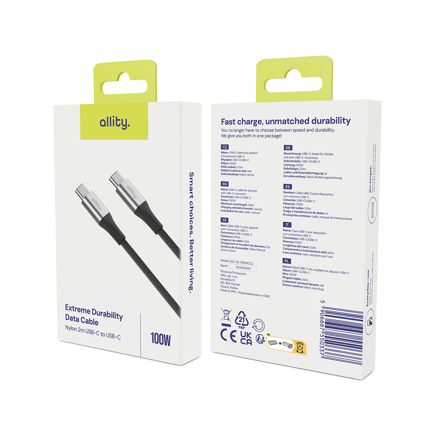 Καλώδιο Allity AUC-01 USB-c - USB-c 1,0 m 100W μαύρο