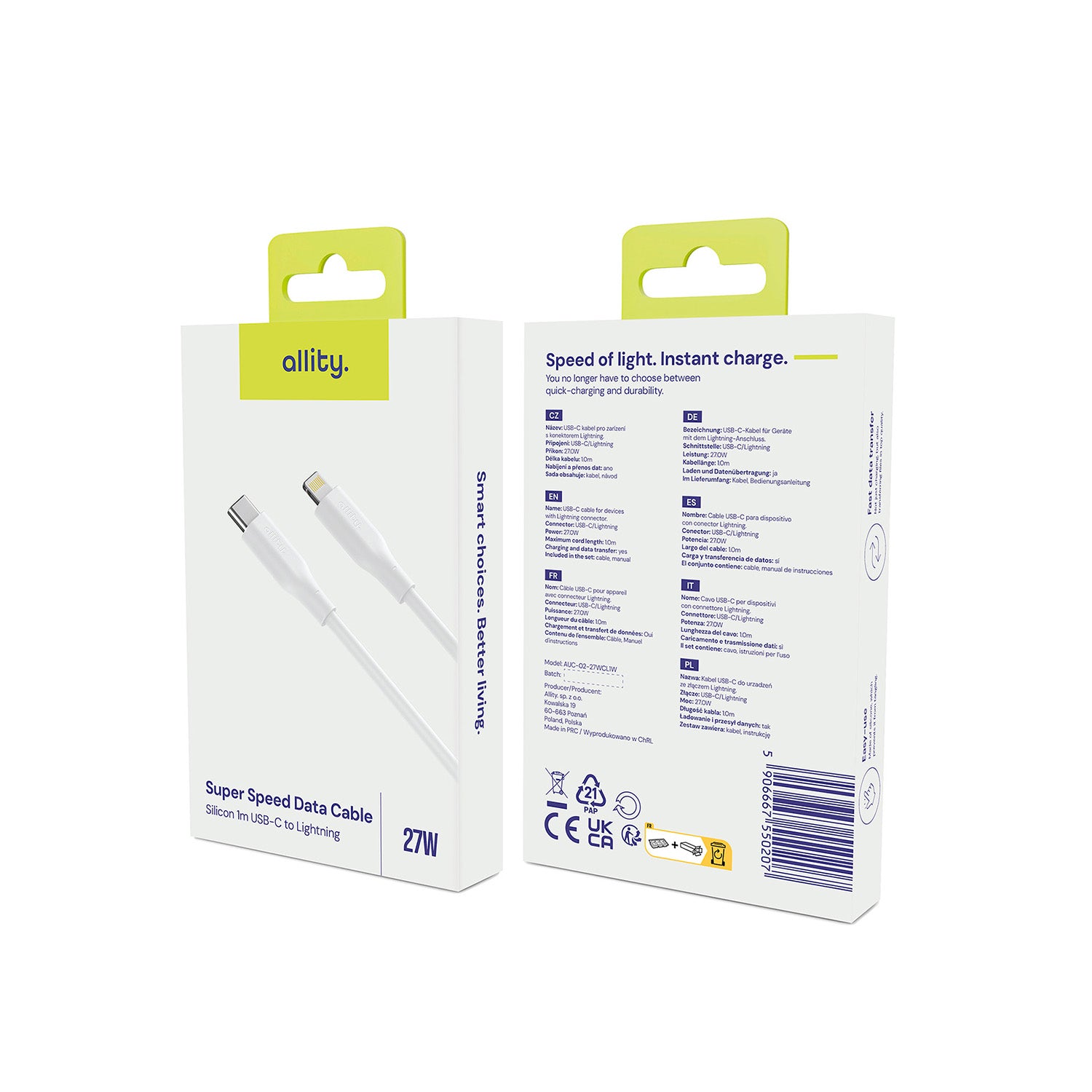 Καλώδιο Allity AUC-02 USB-c - lightning 1,0 m 27W λευκό