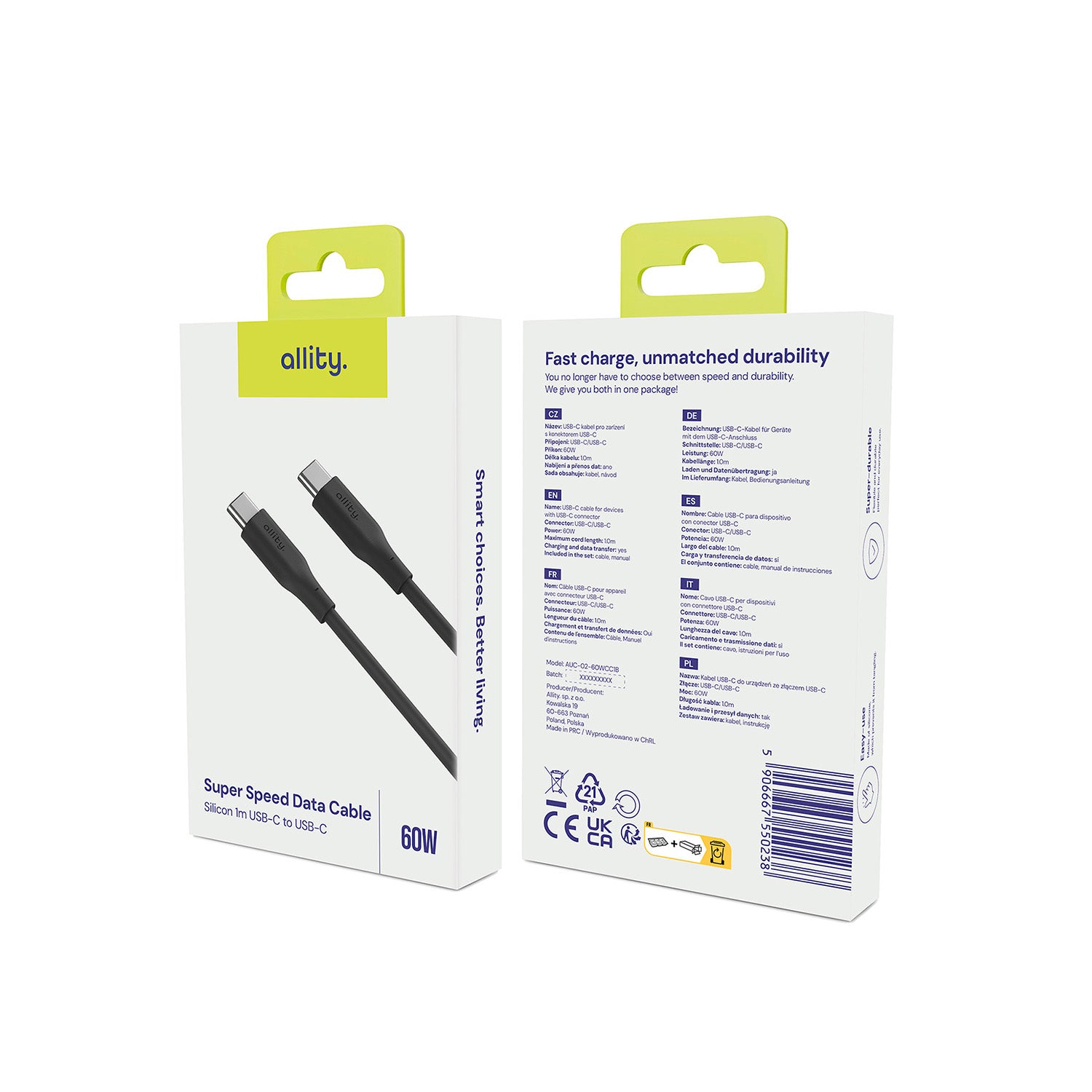 Καλώδιο Allity AUC-02 USB-c - USB-c 1,0 m 60W μαύρο