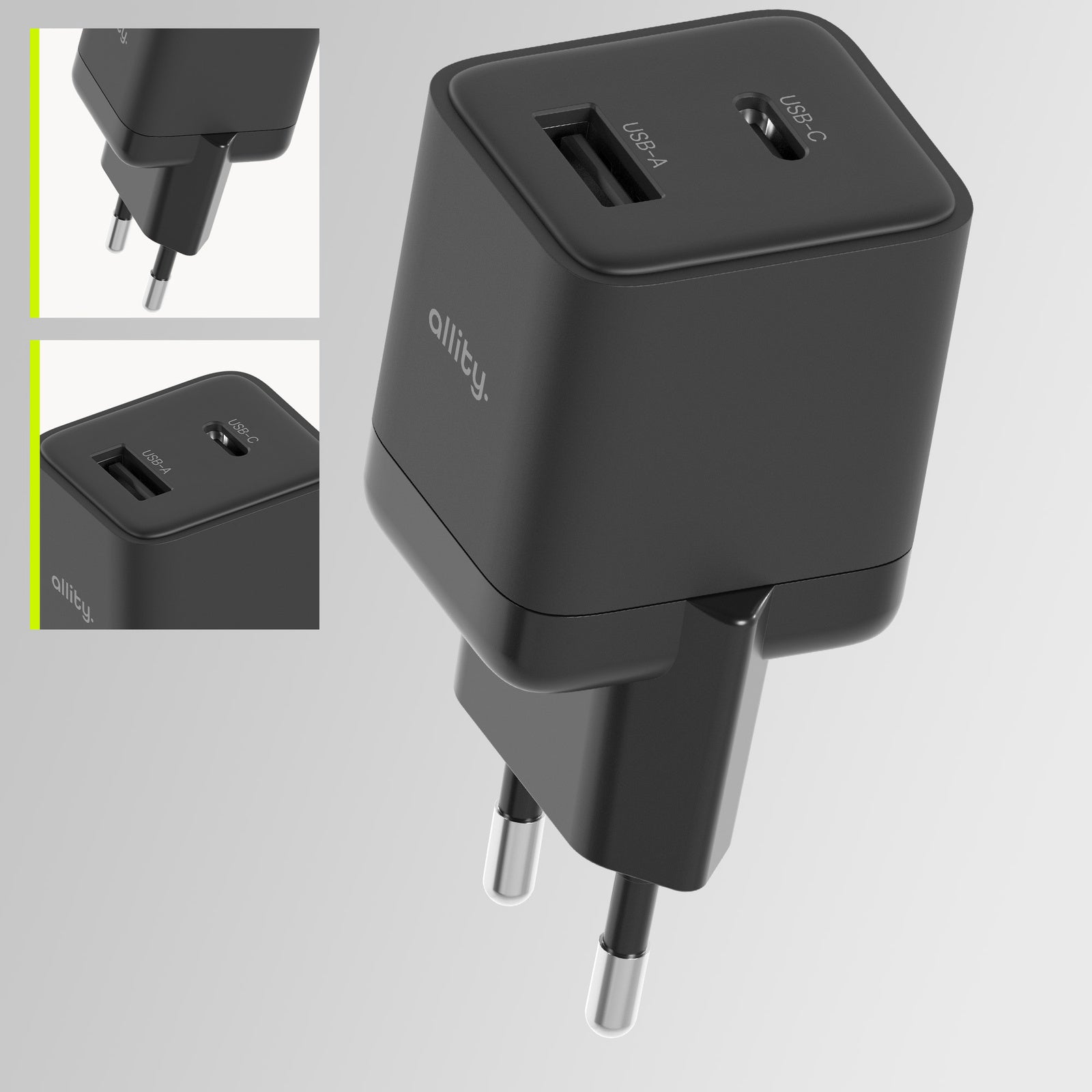 Φορτιστής τοίχου Allity GaN PD QC ATC-01-20WAC 1x USB-c 1x USB-a 20W μαύρος