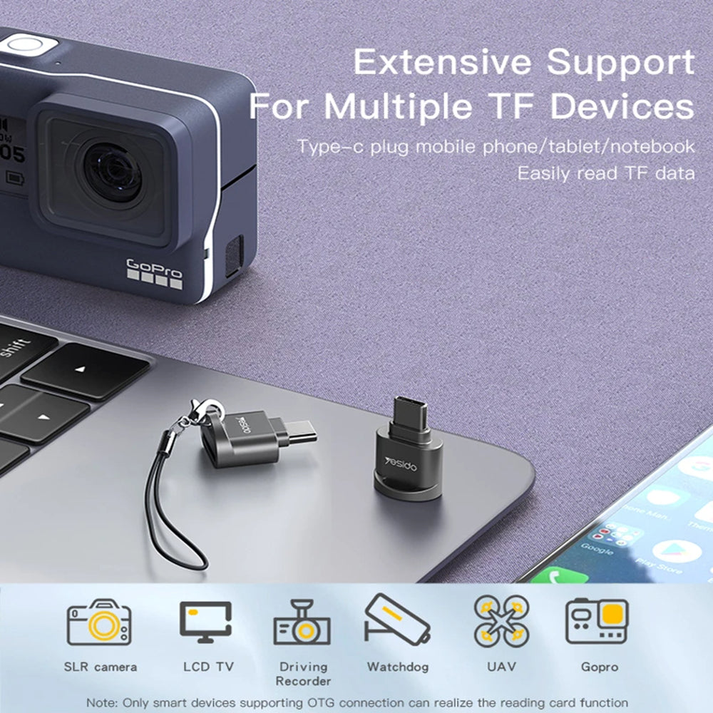 Yesido - Card Reader (GS19) - OTG Adapter, Type-C to TF Card - Grey