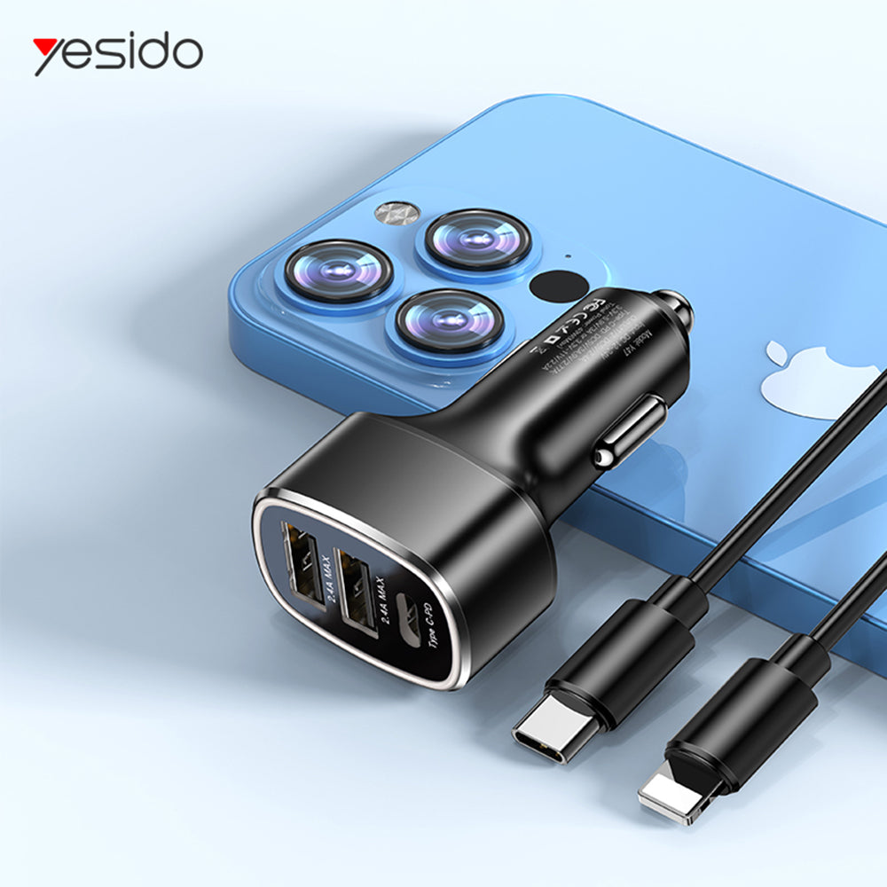 Yesido - Car Charger (Y47) - Dual USB, Type-C, Fast Charging, 49W, Aluminum Alloy - Black