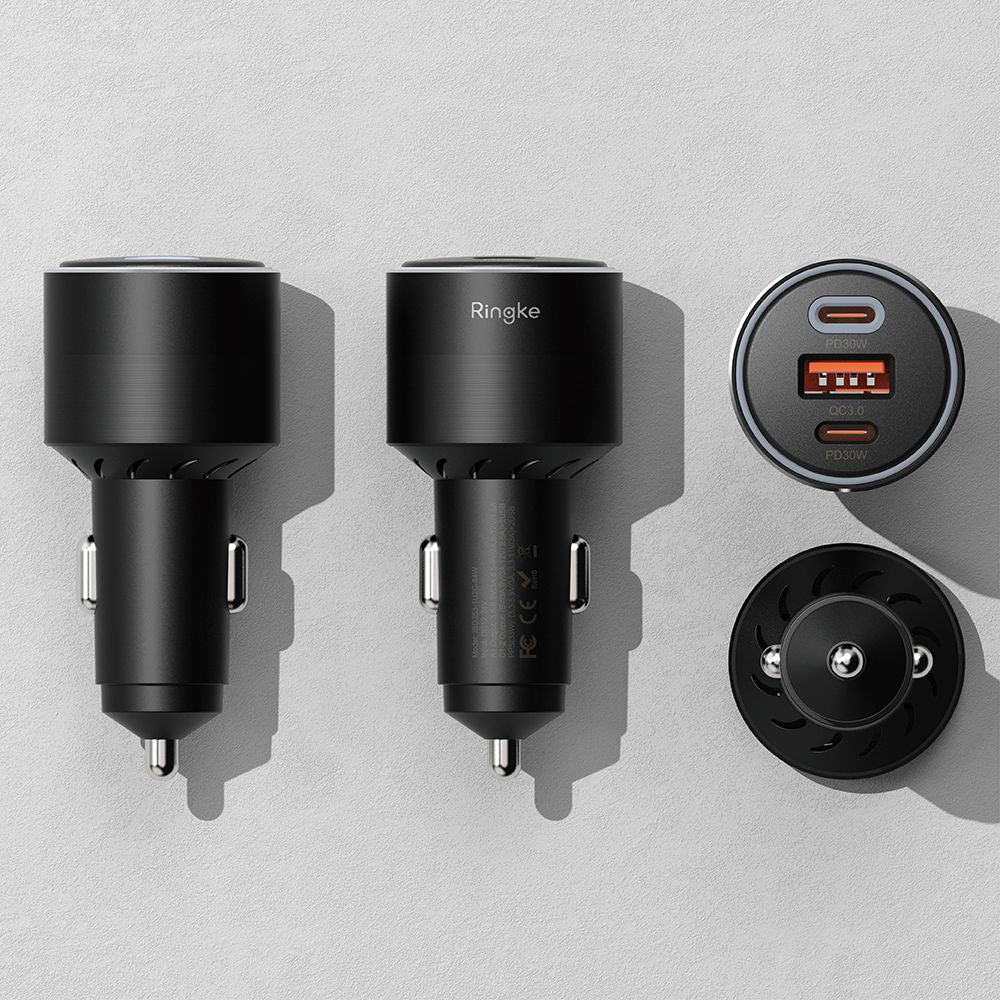 Ringke - Car Charger - USB, 2x Type-C, PD30W, QC3.0, with Ambiental Light - Black