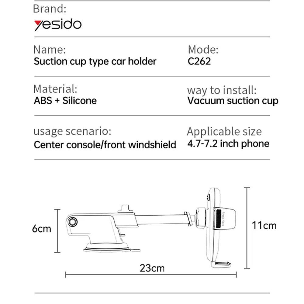 Yesido - Car Holder (C262) - Gravity Grip, for Dashboard and Windshield - Black