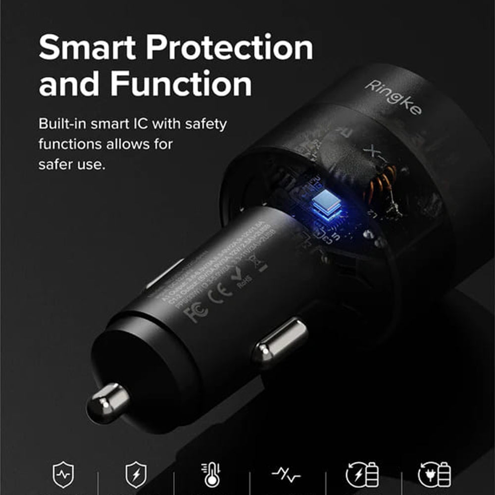 Ringke - Car Charger - USB, 2x Type-C, PD30W, QC3.0, with Ambiental Light - Black