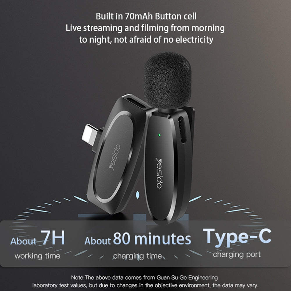 Yesido - (2 pack) Wireless Lavalier Microphones (KR15) - 3 in 1 Receiver, TC, Lighting, 3.5mm Jack, 2.4GHz - Black