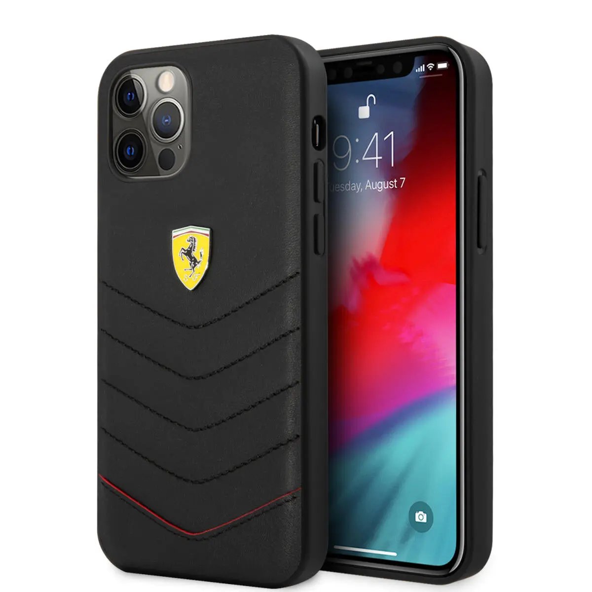 Ferrari "Off Track" Quilted Leather Case Θήκη προστασίας από γνήσιο καπιτονέ δέρμα – iPhone 12 Pro Max (Μαύρη/Κόκκινη/Quilted Leather/3D Logo) – PhoneBazaar